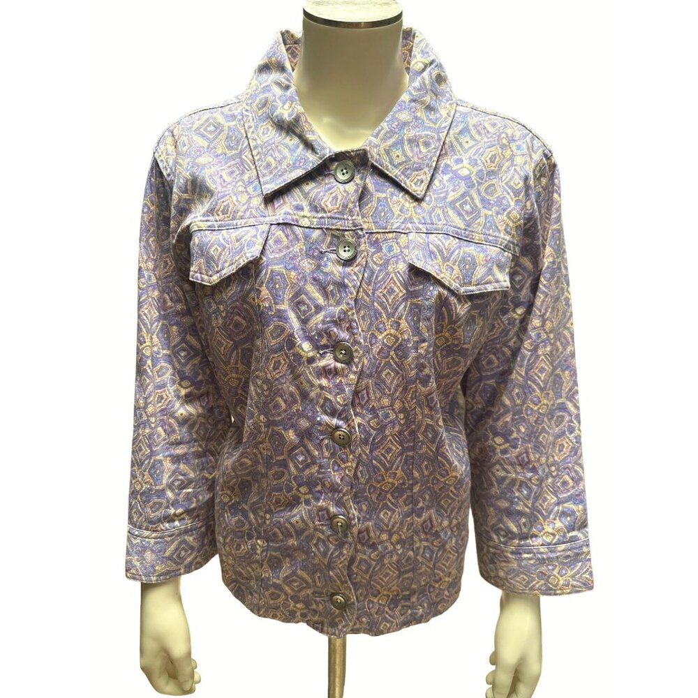 Christopher & Banks Button Front Stretch Jacket Size L Purple Geometric Print